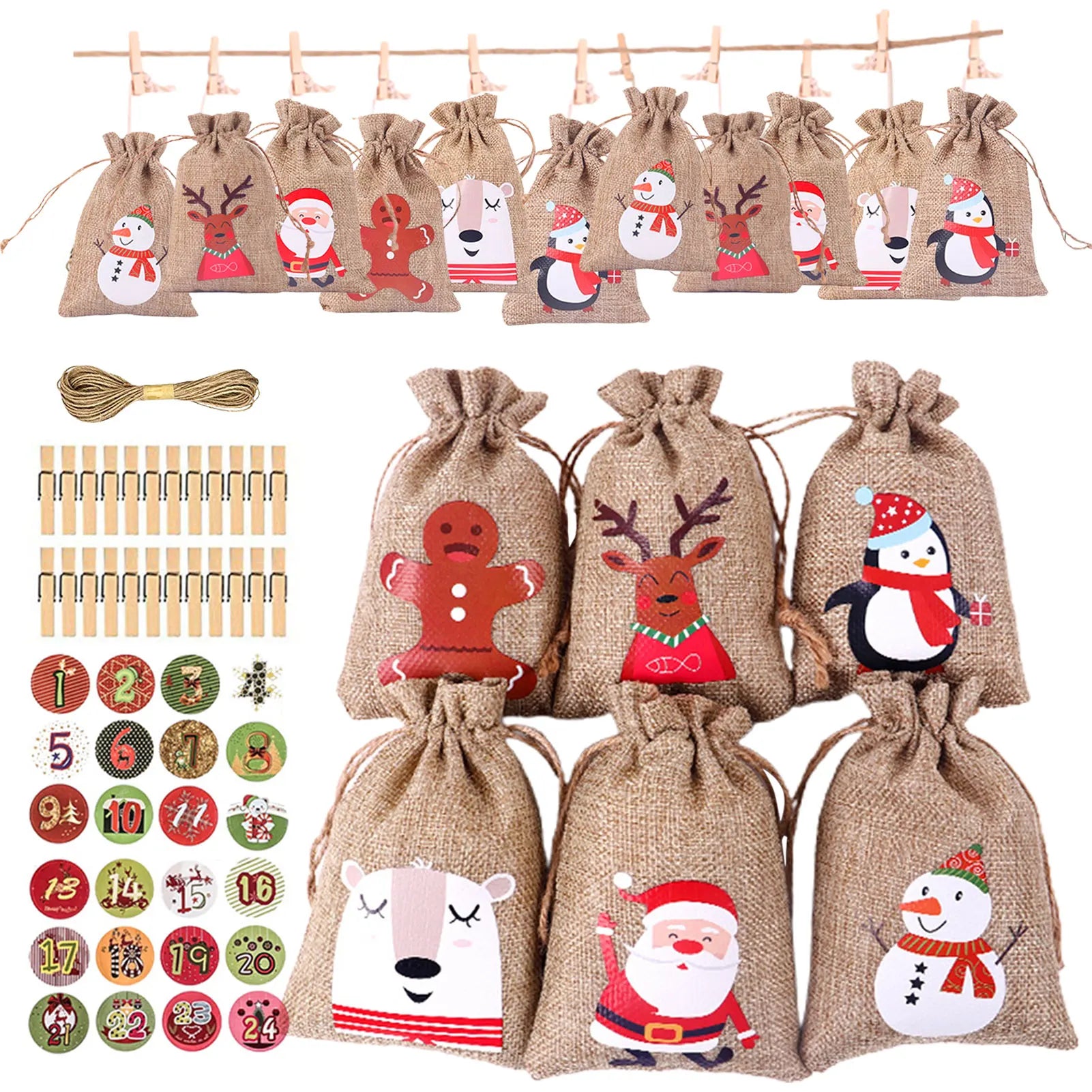 1-24 calendrier de l'avent sac cadeau compte à rebours jusqu'à Noël coton  lin sac à bonbons kit de bricolage 