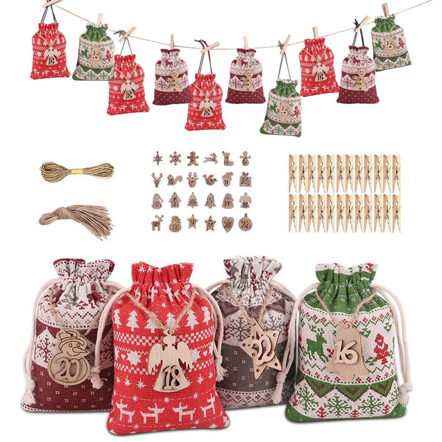 Lot de 24 sacs de calendrier de l'avent de Noël, sacs à remplir, calendrier de l'Avent à suspendre avec cordon de serrage, idéal cadeau pour enfant