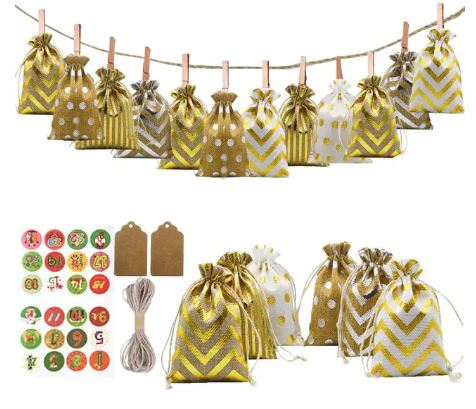 Lot de 24 sacs de calendrier de l'avent de Noël, sacs à remplir, calendrier de l'Avent à suspendre avec cordon de serrage, idéal cadeau pour enfant