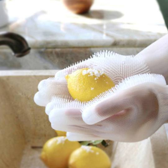 Gants Vaisselle en Silicone - Gants Menage avec Brosse de Nettoyage-  Ustensile de Cuisine - Réutilisable et écologique 