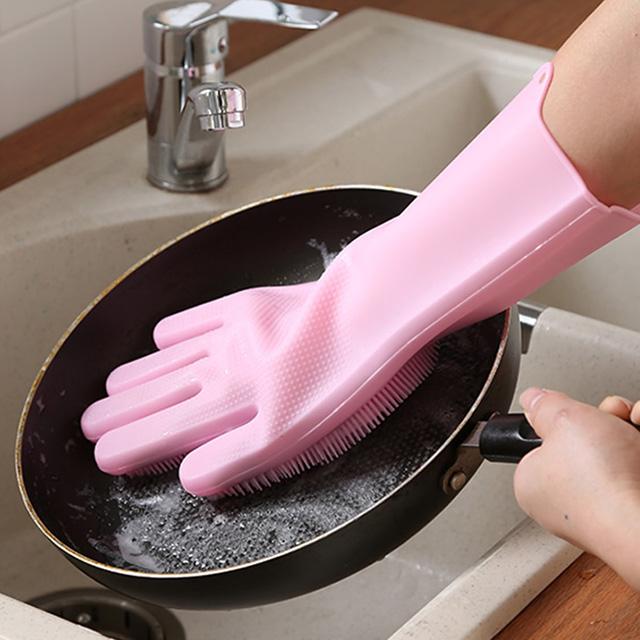 Gants de nettoyage vaisselle en silicone avec brosse réutilisables - Joomine