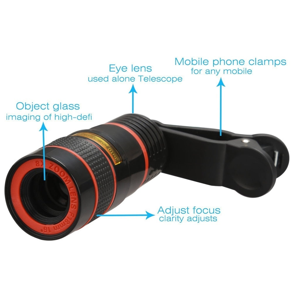 Viseur 8x télescope Zoom lentille de téléphone Portable Mini objectif  oculaire grand Angle Portable avec support universel se connecter au  téléphone, ✓ Meilleur prix au Maroc et ailleurs